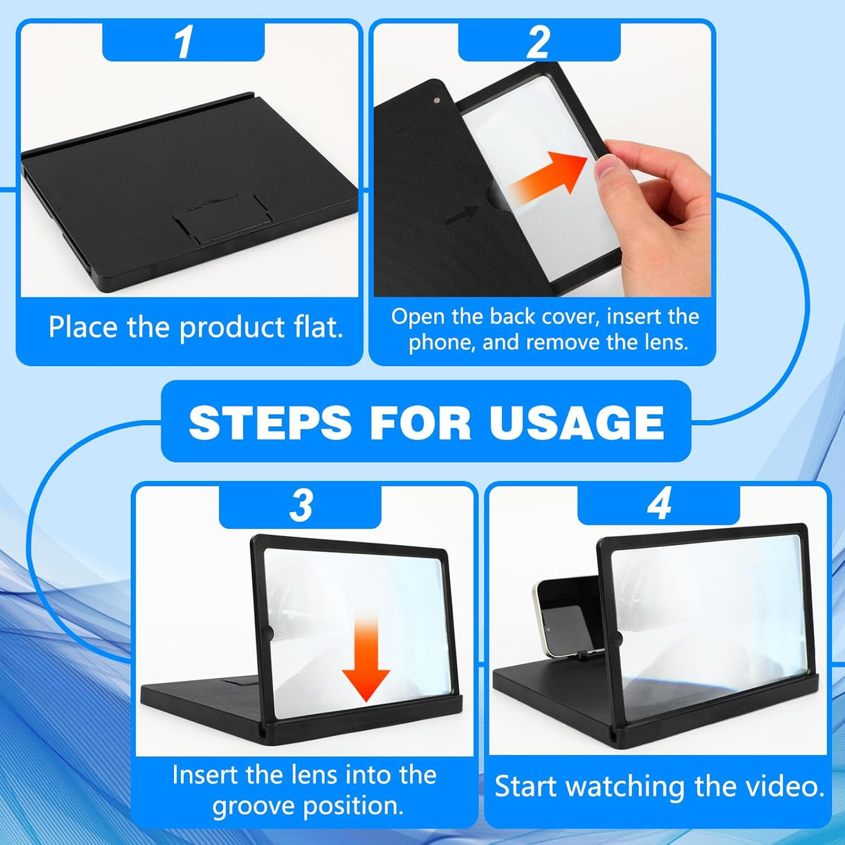 Diagram showing a phone being lowered into the Cinema Screen base and the panel lifted into position