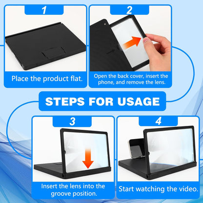 Diagram showing a phone being lowered into the Cinema Screen base and the panel lifted into position